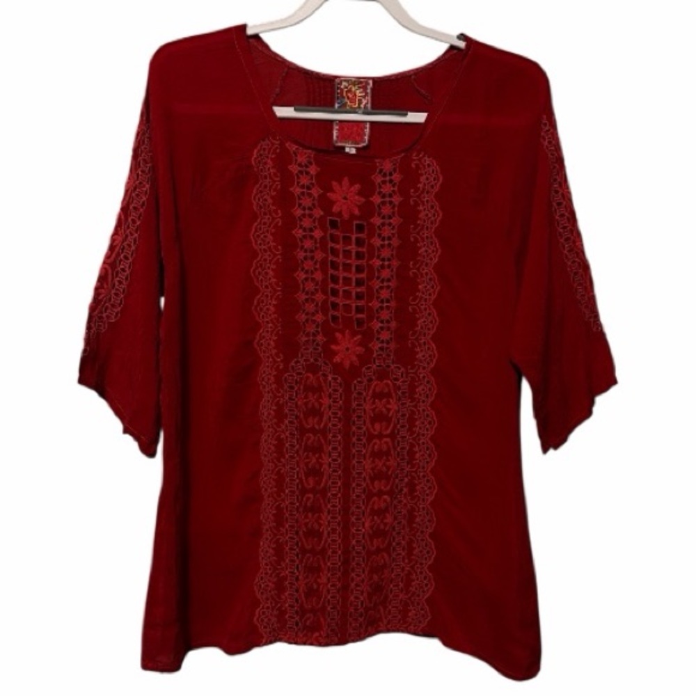 Johnny Was Red Embroidered Tunic Top Boho Chic Lagenlook - Picture 2 of 8